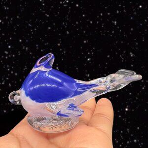 Art Glass Figurine White Blue Whale Dolphin Fish Paperweight Glass 4”W 2”T